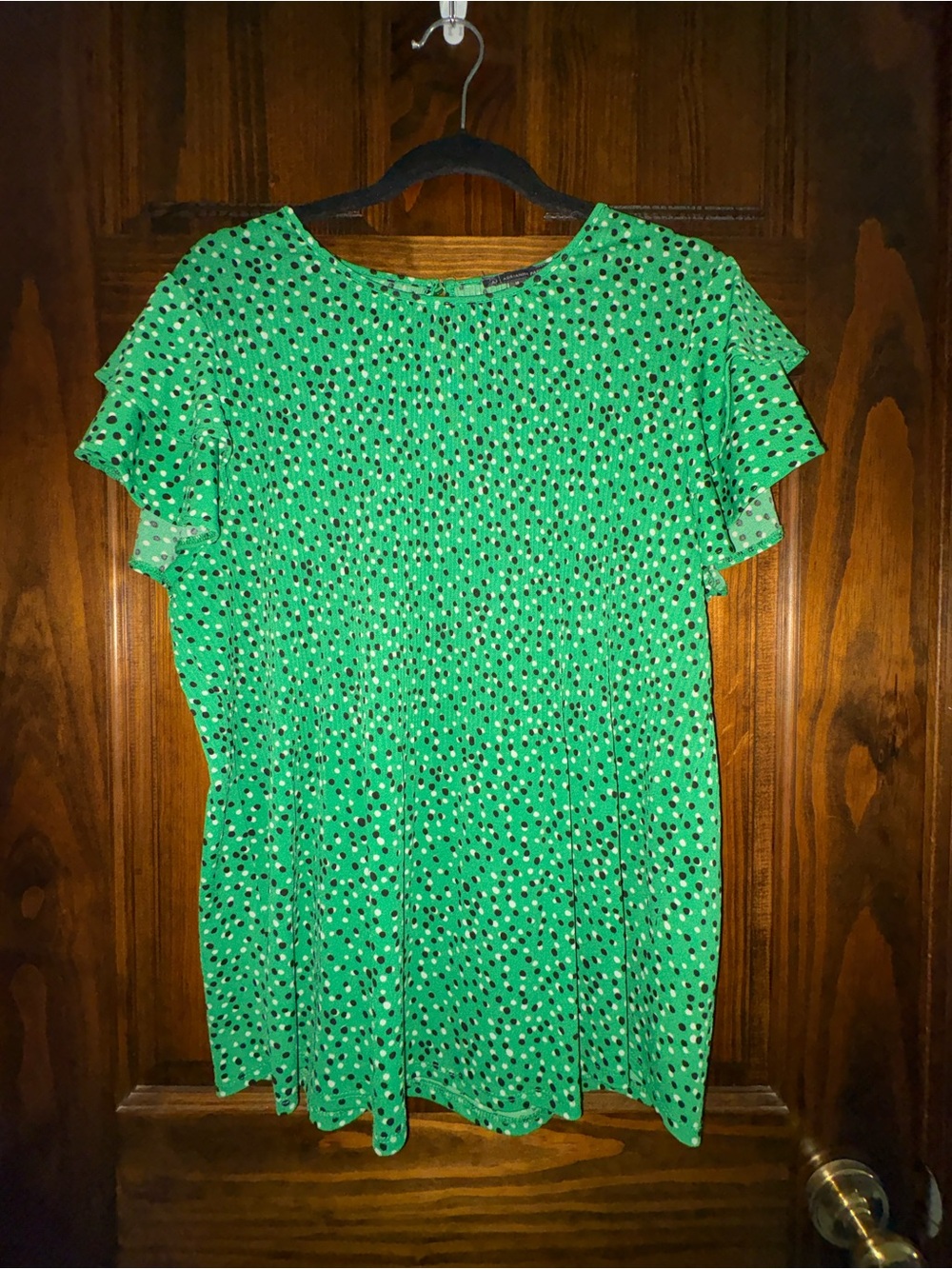 Adrianna Papell Green Polka Dot Ruffle Sleeve Blouse